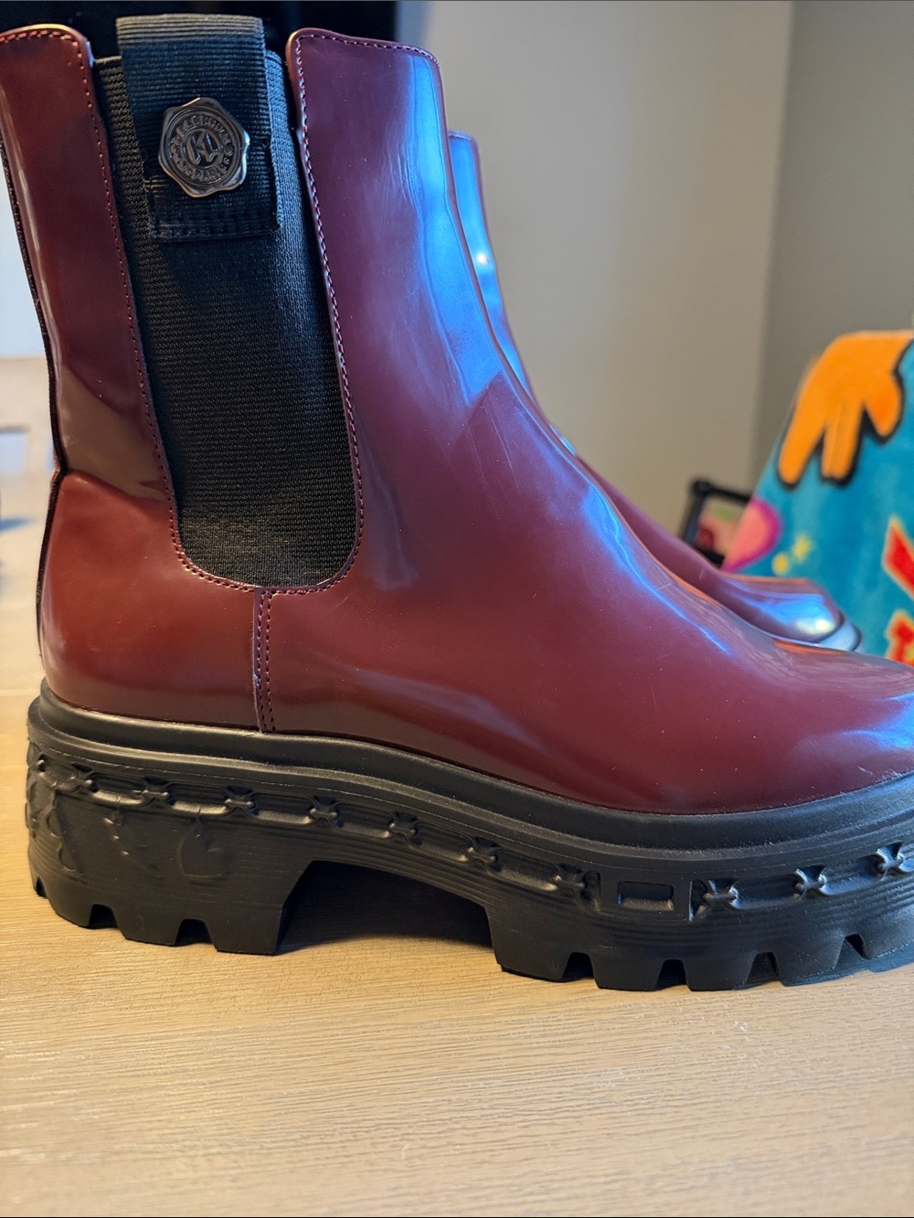 Karl Lagerfeld Burgundy Patent Chelsea Lug Ankle Boots with Black Sole